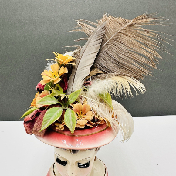 Vintage Nippon Yoko Boeki Lady 7” Head Vase Blond Floral Feather Top Ceramic - Picture 5 of 15